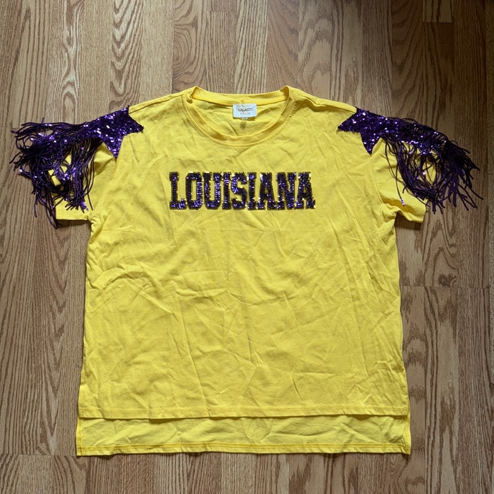 Yellow Louisiana T-Shirt with Purple Sequin Accents LSU
